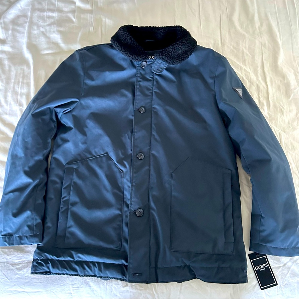 NWT Navy Blue Guess Winter Coat Military Jacket Fur Collar